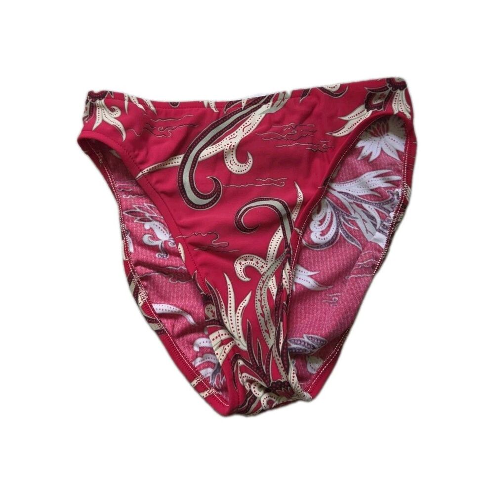 VTG Jantzen Bikini Bottoms Red Paisley Floral Swim Bottom Ruched Womens 10 GUC